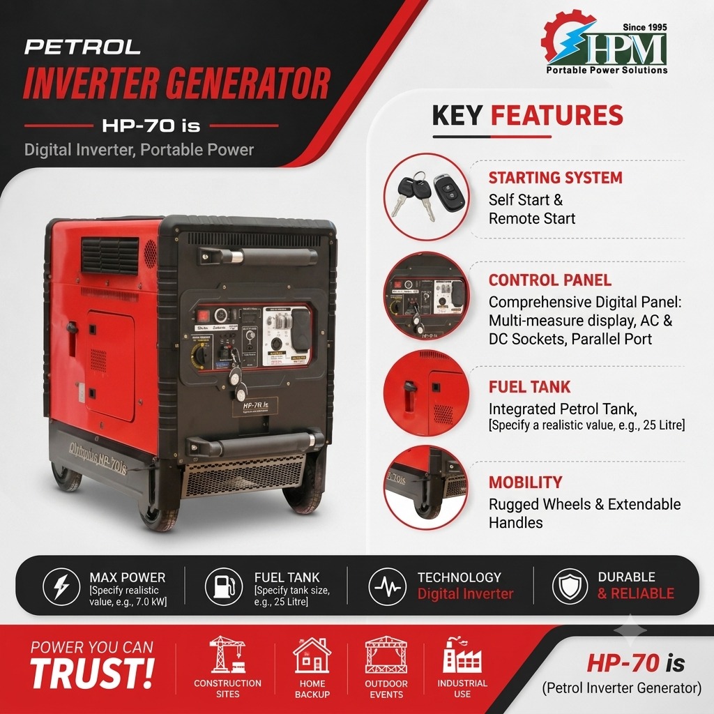 8 KVA Pure Sine Wave Portable Inverter Generator (Recoil, Self & Remote Start), Olympias HP-70is 